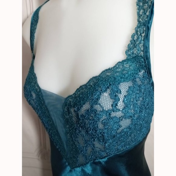 VTG Victoria's Secret Gold Label Teal Satin & Lace Long Slip Dress Gown Sz M - Picture 3 of 9